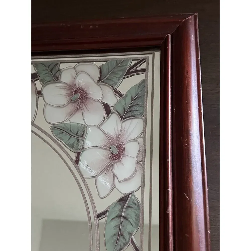 Vtg Romantic Etched Floral Flower Magnolia Oval Mirror Wood Frame Granny Retro